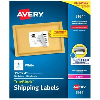 Best reviews of 💯 Avery TrueBlock Laser Shipping Labels, Sure Feed Technology, 3 1/3" X 4" White, 600 Labels Per Pack (5164) 👏