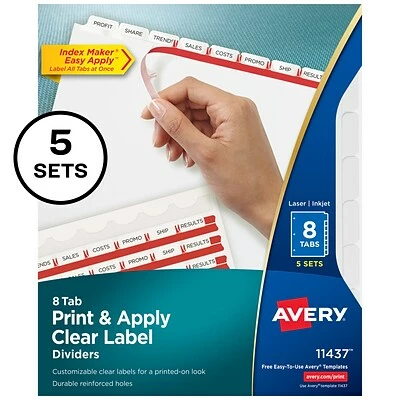 New ✨ Binder Accessories Avery Index Maker Print & Apply Label Paper Dividers, 8-Tab, White, 5 Sets/Pack (11437) ✨