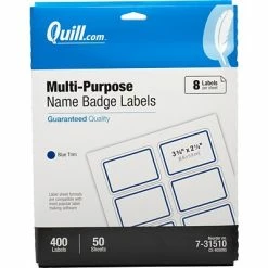 Cheapest 🌟 Quill® Self-adhesive Laser Name Badges Quill Brand® Self Adhesive Name Badges, 2-1/3" X 3-3/8", White/Blue, 8 Labels/Sheet, 50 Sheets/Pack (Compare To Avery 5895) ⌛