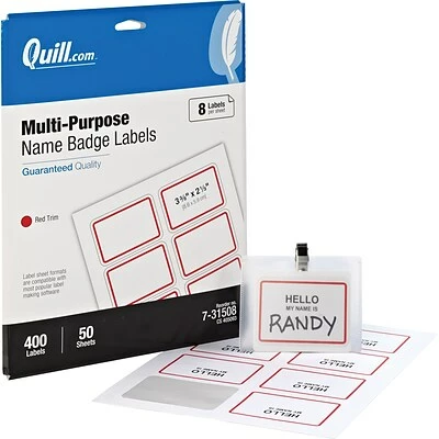 New 🧨 Quill® Self-adhesive Laser Name Badges Quill Brand® Self Adhesive Name Badges, 2-1/3" X 3-3/8", White/Red, 8 Labels/Sheet, 50 Sheets/Pack (Compare To Avery 5143) ⌛