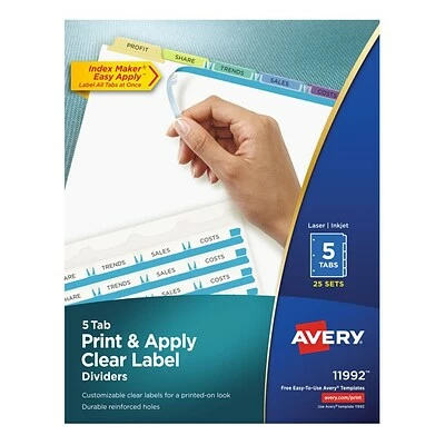 Best Sale 😀 Binder Accessories Avery Index Maker Print & Apply Label Paper Dividers, 5-Tab, Pastel Multicolor, 25 Sets/Box (11992) 🌟